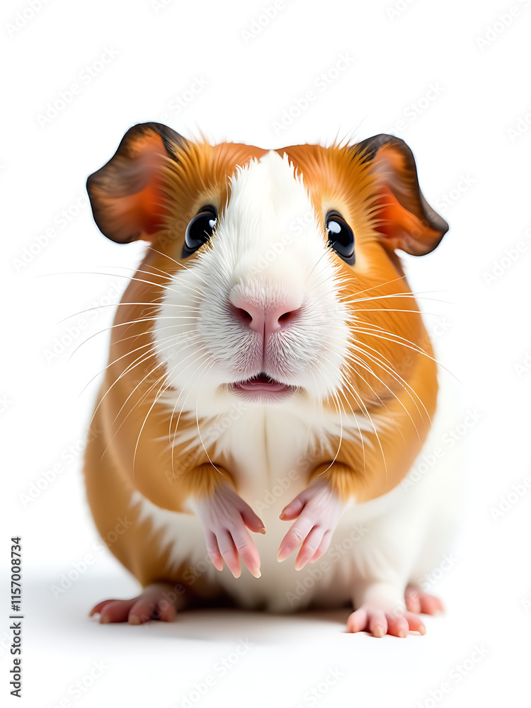 Poster surprised guinea pig looks up at camera with huge expressive eyes isolated against a plain white bac
