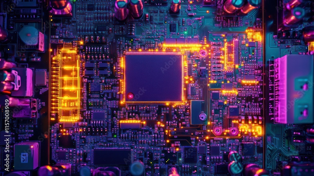 Aufkleber close-up of a vibrant circuit board with glowing components, showcasing intricate technological deta