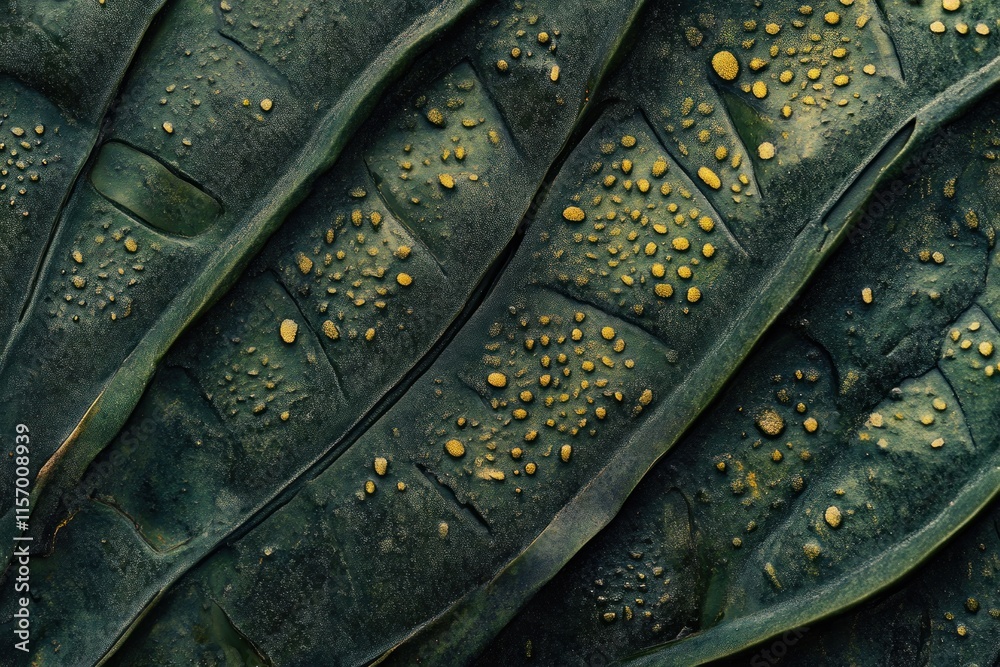 Poster close-up of dark green leaf with yellow dots, intricate texture and pattern.