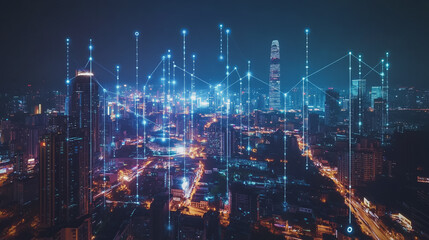 Fototapeta premium Smart digital Innovation city with connection network reciprocity over the cityscape. of future smart wireless digital city and social media networking systems that connects people with in city