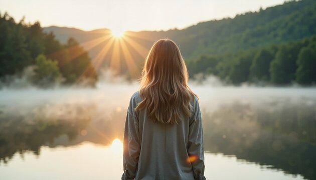 Woman gazing at sunrise over misty lake and mountains