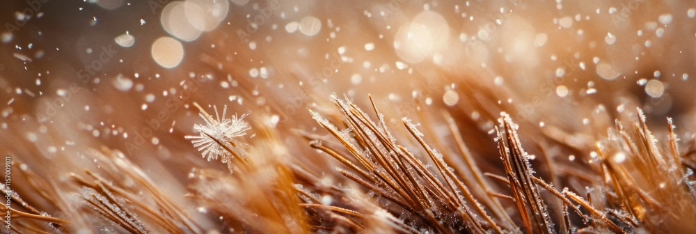 Poster close-up of frosty grass blades with water droplets, bokeh background.