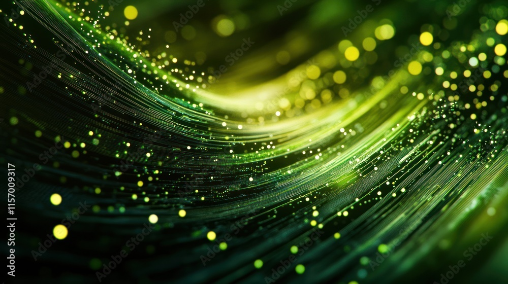Aufkleber abstract green wave with glowing particles.