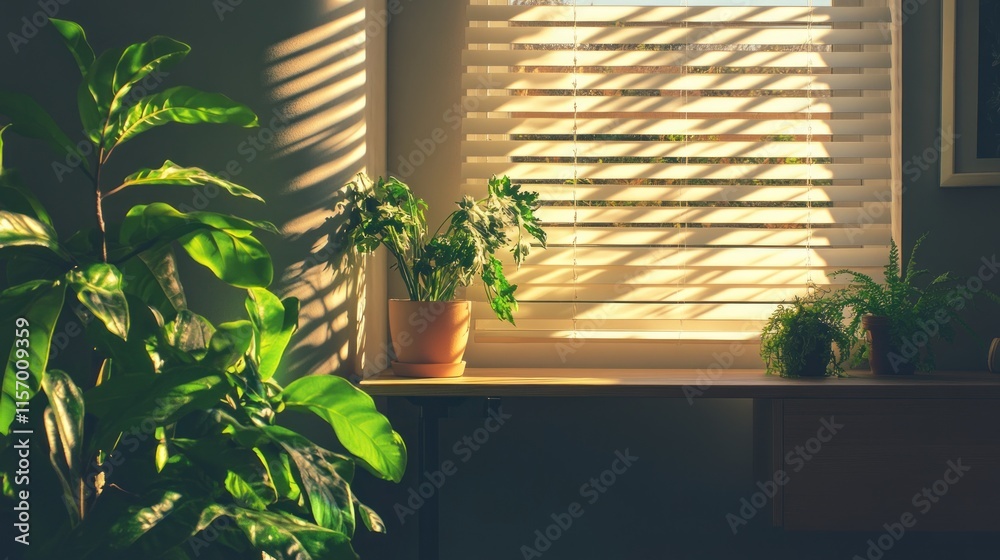 Poster sunlight streams through window blinds illuminating potted houseplants on a windowsill.