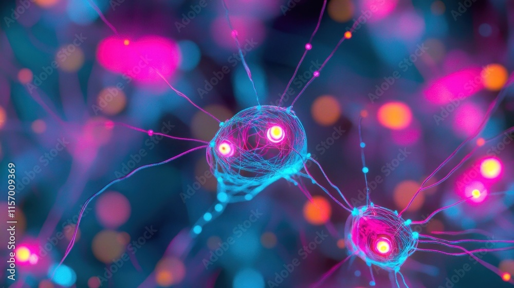 Aufkleber microscopic view of vibrant neurons connected by glowing synapses.