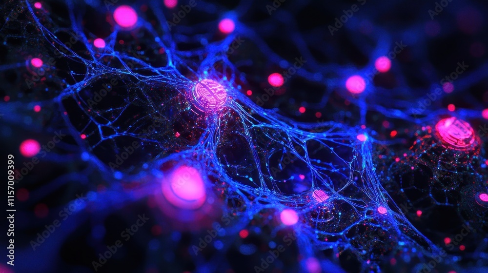 Fototapete microscopic view of a neural network, glowing nodes and intricate connections.