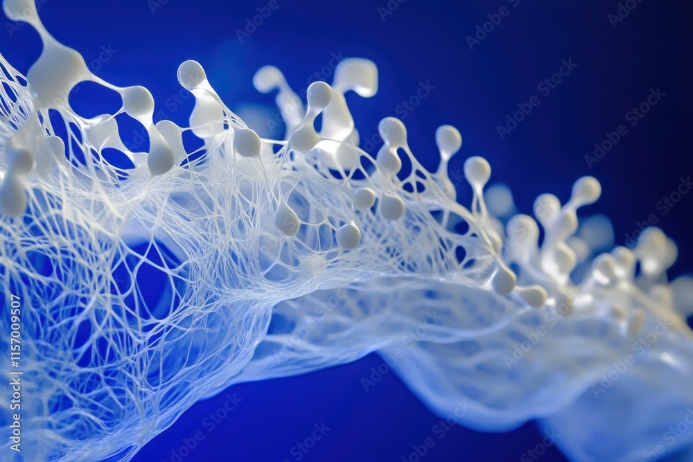 Poster abstract white liquid splash with intricate details against a deep blue background.