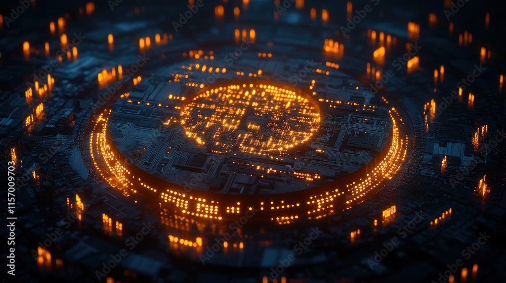 Poster Glowing circular circuit board with intricate details.