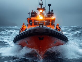 Fototapeta premium Lifeboat crew, rescuing survivors, stormy seas, heroic action, maritime safety, teamwork