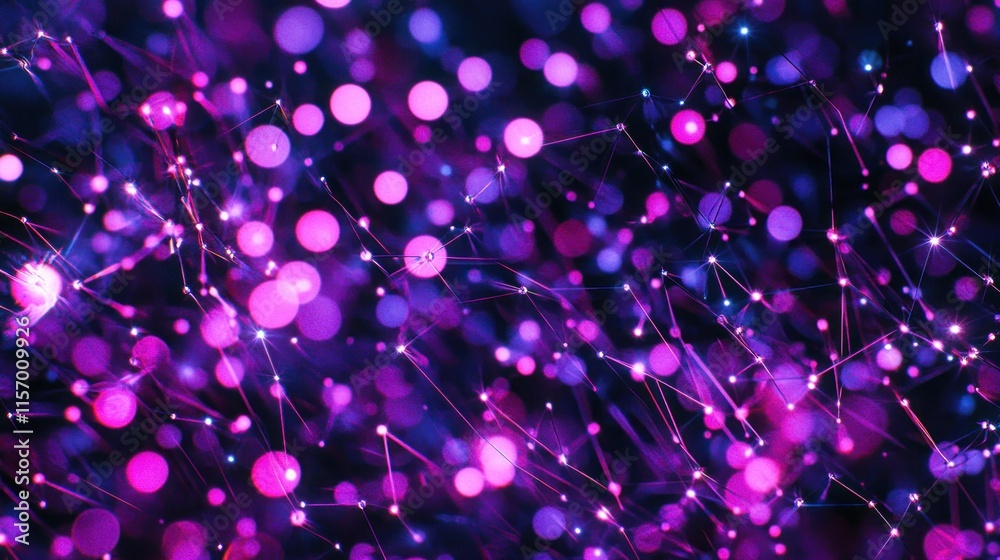 Fototapete Abstract background with glowing pink and purple particles connected by lines, creating a vibrant and energetic visual.