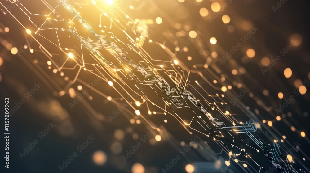 Poster abstract digital circuit board glowing with golden light.
