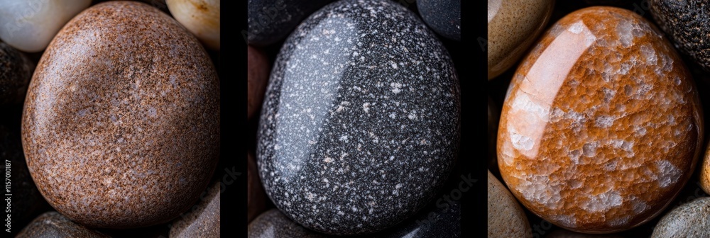 Aufkleber Close-up of three smooth, colorful stones with unique textures and patterns.