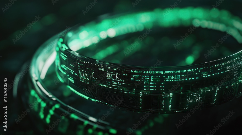 Poster futuristic glowing green digital ring with data stream.