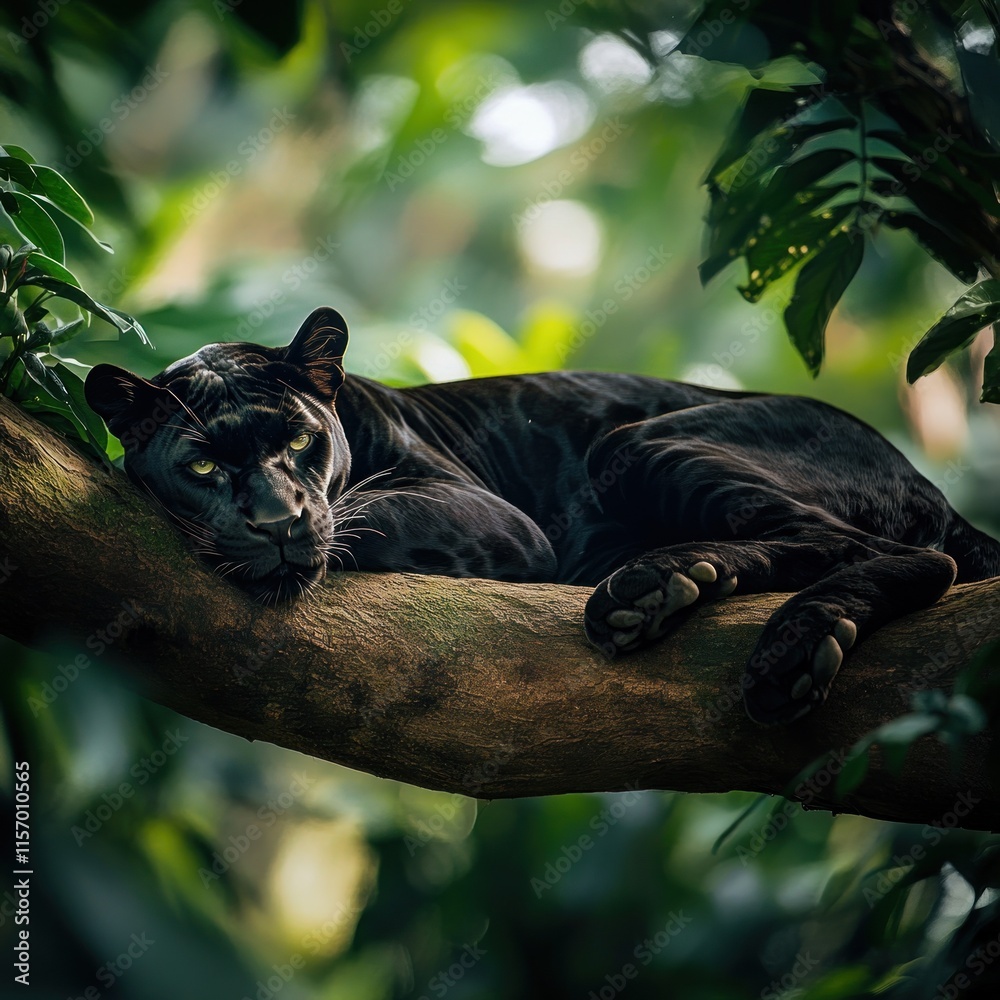 Poster black panther resting on a tree branch in lush green jungle.