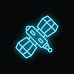 Neon blue icon of a satellite transmitting data, highlighting the crucial role of space technology in global communication