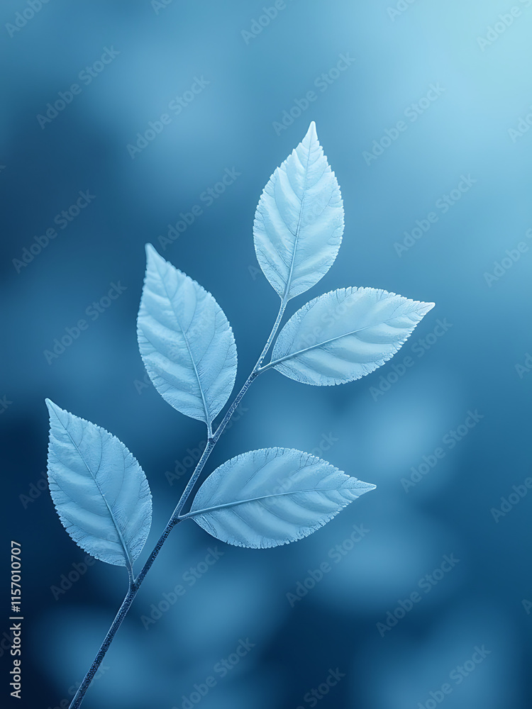 Poster Subtle Blue Tones Create A Soothing Atmosphere With Delicate Frosted Leaves As Background Texture. 00003