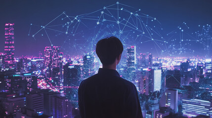 Fototapeta premium Abstract business man stands on the peak of success amid tall, innovative Smart city and graphs with statistics to analyze business potential and predict future developments in company growth.