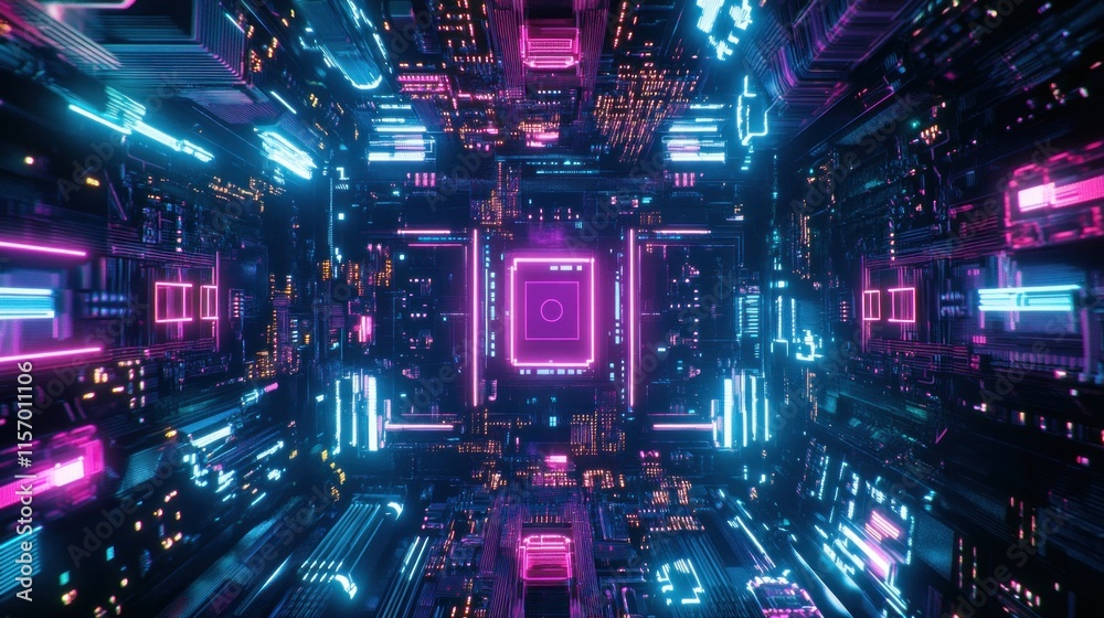 Aufkleber Abstract neon glowing digital circuit board tunnel.