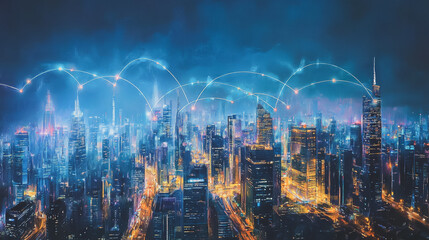 Obraz premium Smart digital Innovation city with connection network reciprocity over the cityscape. of future smart wireless digital city and social media networking systems that connects people with in city