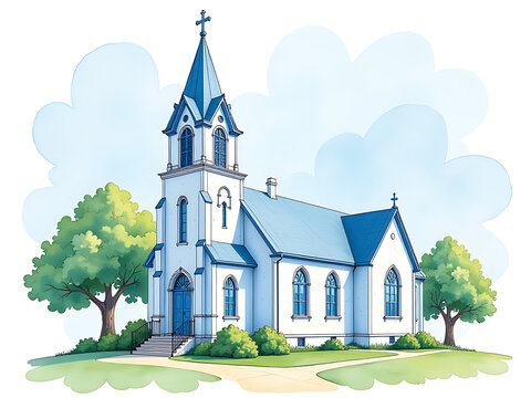 watercolor church building blue roof green trees clip art preview