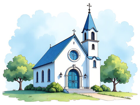 watercolor church with blue roof and trees clip art preview