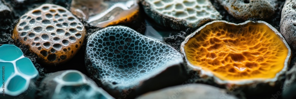 Poster close-up of textured, colorful stones with honeycomb patterns.