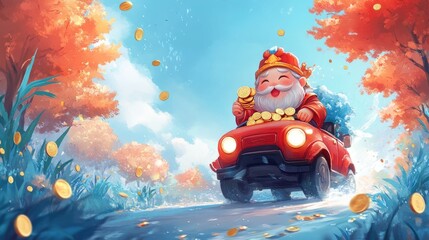 Jolly cartoon santa driving red car amidst falling coins in autumn wonderland. Happy Chinese New Year