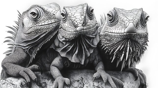 A detailed pencil drawing of exotic animals such as a parrot, chameleon, and iguana, highlighted with soft shading techniques. 