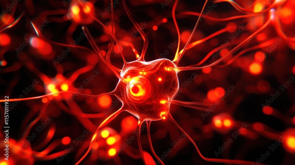 Fototapete Microscopic view of a neuron with glowing red synapses and dendrites.