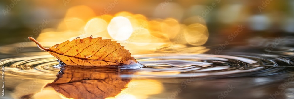 Poster golden autumn leaf floats on calm water, creating ripples.