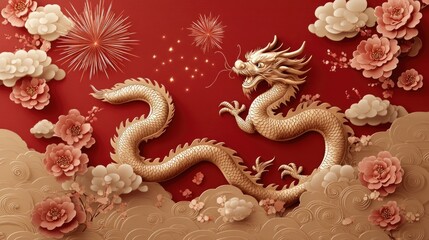 Obraz premium Golden dragon with fireworks and flowers on red background. Happy Chinese New Year