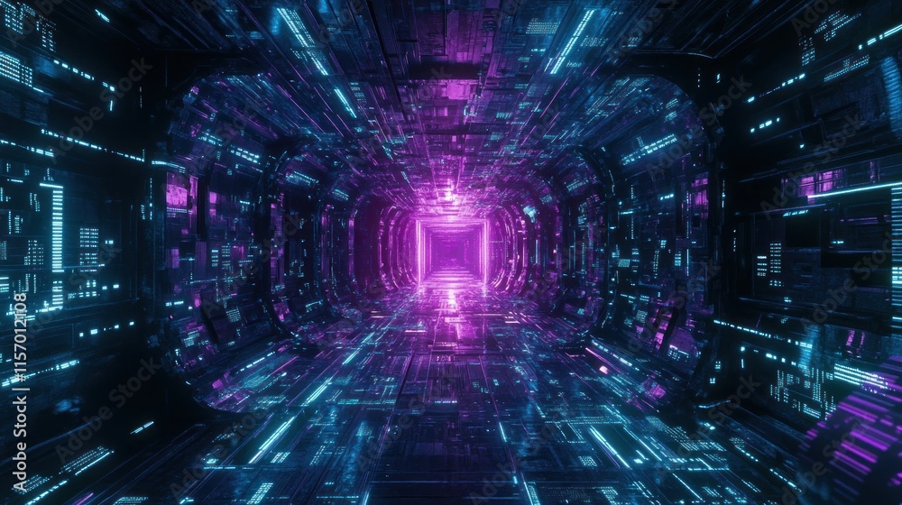 Leinwandbilder abstract digital tunnel with glowing purple and blue lines and data streams.