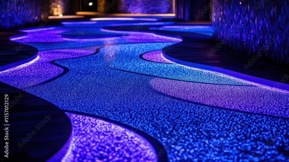 Poster Illuminated pathway with flowing water feature and colorful pebbles at night.