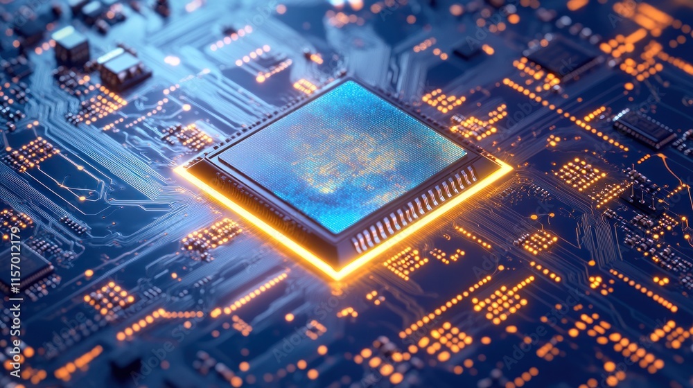Aufkleber Close-up of a glowing computer processor on a circuit board. (1)