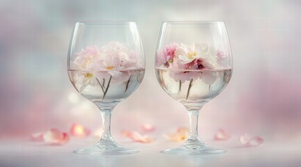 Two wine glasses filled with delicate flowers, light pink and white color scheme,