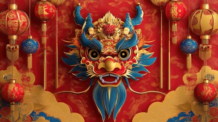 Vibrant chinese dragon mask with red and gold lanterns. Happy Chinese New Year