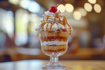 Caramel Sundae Trifle with Whipped Cream and Cherry