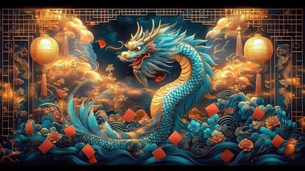 Fototapeta premium Majestic asian dragon amidst lanterns and clouds in vibrant artwork. Happy Chinese New Year