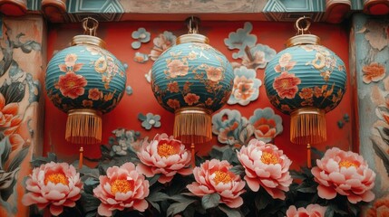Obraz premium Colorful floral lanterns and peonies on ornate asian wall decor. Happy Chinese New Year
