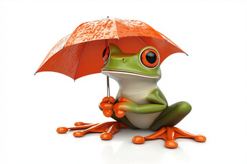 Cartoon Frog Under Orange Umbrella, Rainy Day, Wet, Cute. Generative Ai.