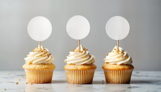Vanilla cupcakes with blank toppers presented on marble surface. Cupcake smooth creamy frosting, gold sprinkles. Blank circle toppers on wooden sticks. Ready for customization. Elegant, simple