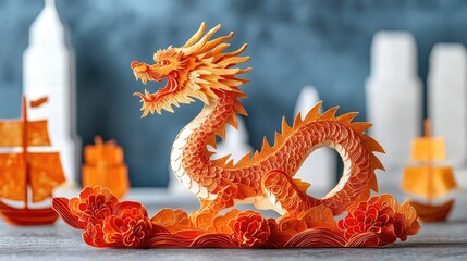 Obraz premium Intricate orange paper dragon sculpture with ship details in background. Happy Chinese New Year