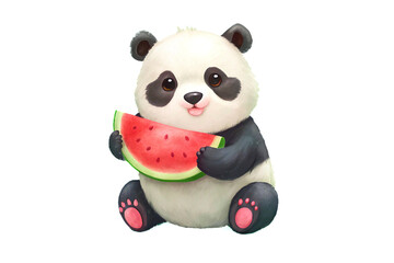 Naklejka premium Nice cool panda eats ripe red watermelon