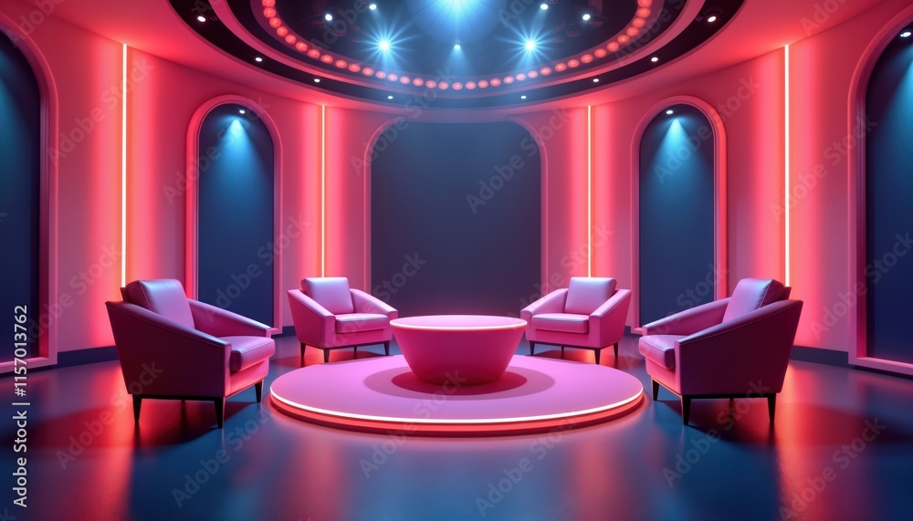 Poster empty talk show set glows with vibrant pink, red lights. stylish armchairs surround round table. stu