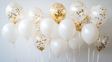 White background, white and gold balloons with confetti all around 