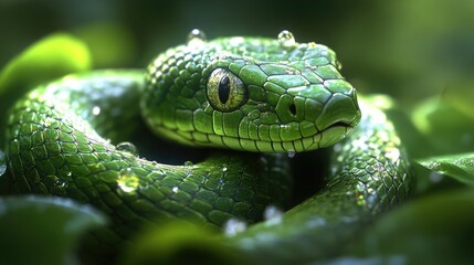 Fototapeta premium Vibrant green snake in rainforest habitat surrounded by lush foliage. Happy Chinese New Year