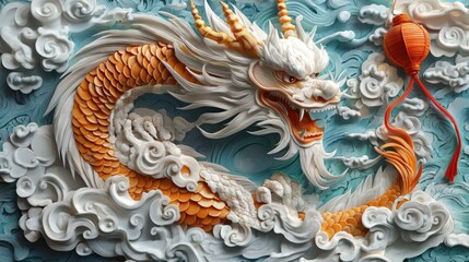 Obraz premium Majestic asian dragon in intricate cloud pattern with lantern. Happy Chinese New Year
