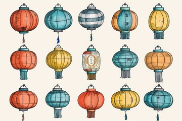 Asian lamp icon, chinese lantern isolated, traditional oriental lantern, light symbol, doodle, sketched flashlight