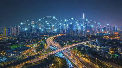 Fototapeta premium Smart digital Innovation city with connection network reciprocity over the cityscape. of future smart wireless digital city and social media networking systems that connects people with in city