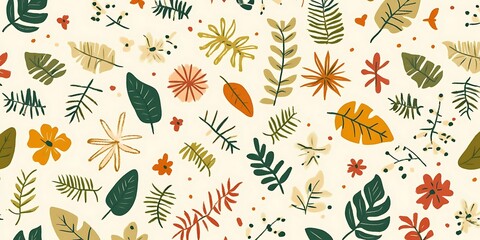 Seamless pattern with various leaves, flowers, and branches in autumnal colors on a cream background.